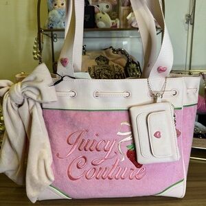 Juicy Couture Pink & Cream Strawberry Tote with Green Bow Accent